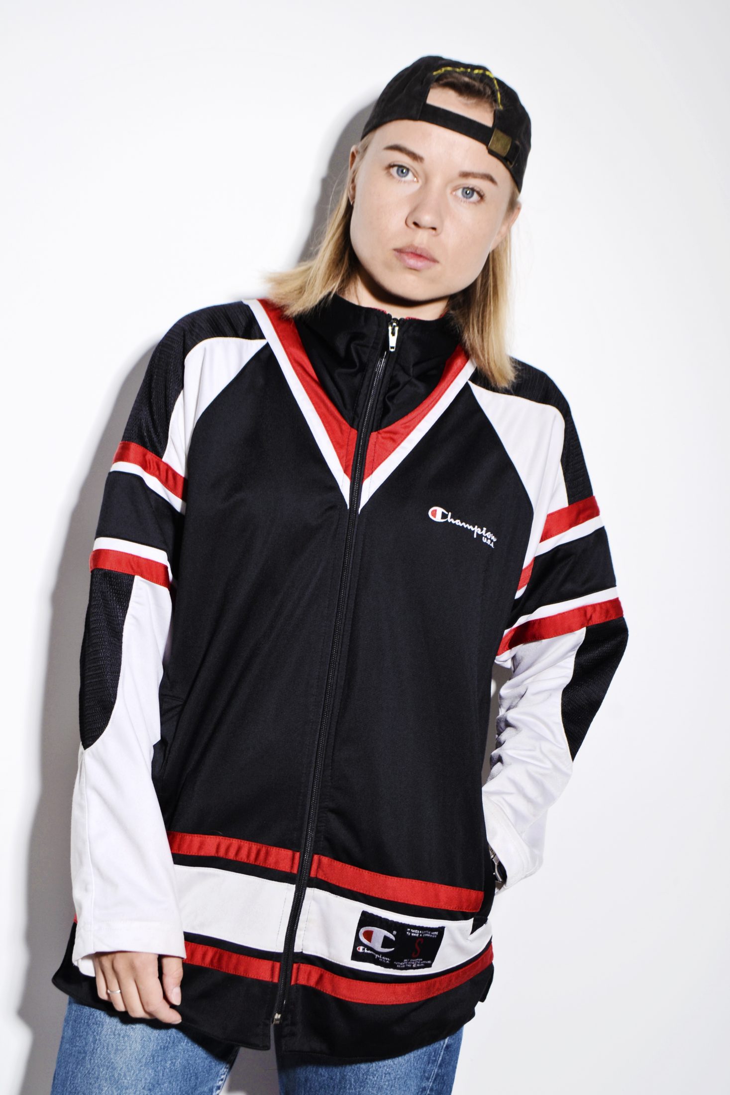 black and red champion jacket